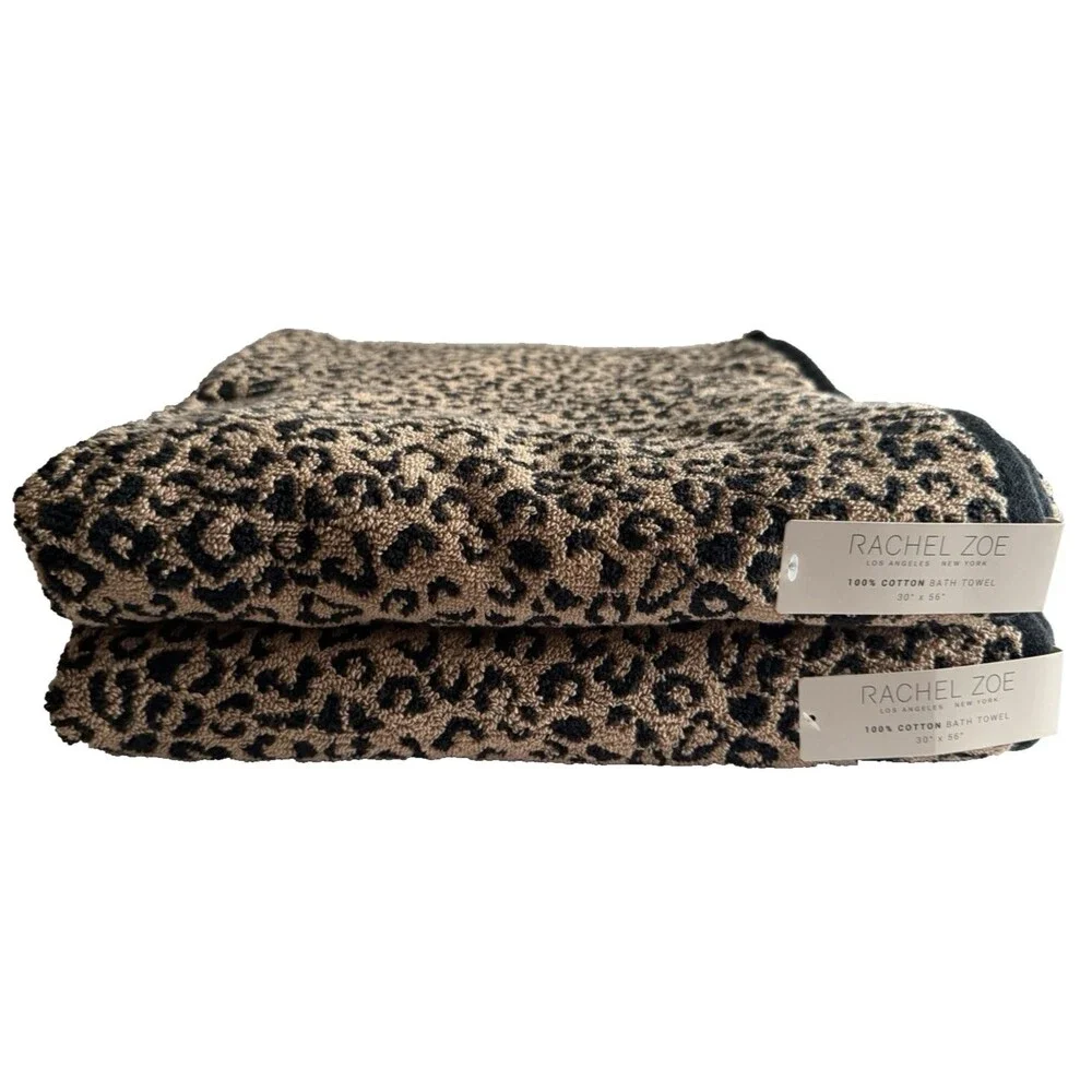 Rachel Zoe Leopard Bath Towels Set of 2 Black Brown Cotton 30x56 Animal Print